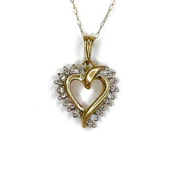 10k Yellow Gold Diamond Heart 18”Chain Necklace Pendant Fine Jewelry S11 - Picture 2 of 6